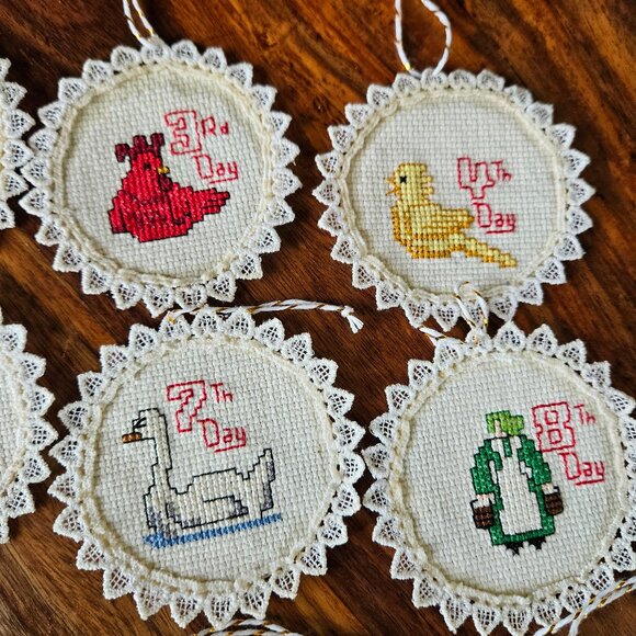 Vintage Cross Stitch Handmade Ornaments 12 Days of Christmas Complete Set Lace - Picture 3 of 5